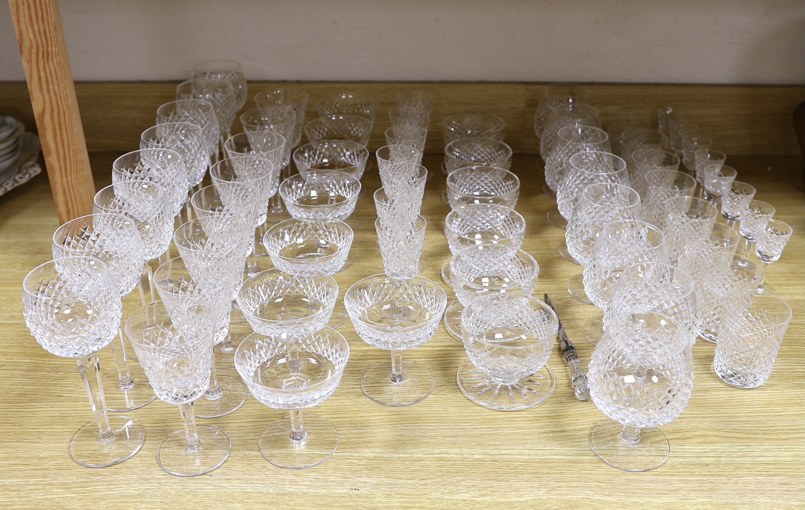 A part suite of Waterford drinking glassware, including champagne glasses, brandy glasses, liquor glasses, wine glasses, etc (61)